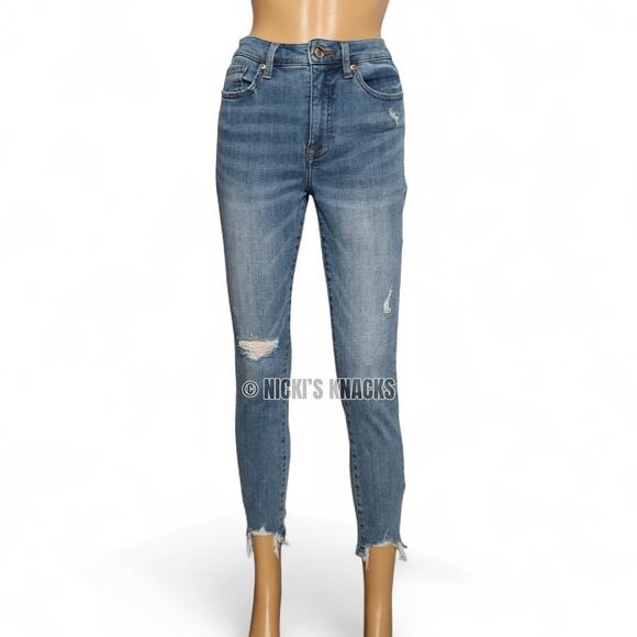 Cosmic Blue Love High Rise Distressed Ankle Skinny Jeans Frayed Hem Size 28P - Picture 2 of 12